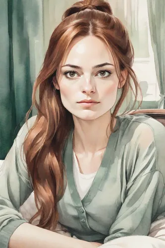 dreamy expression, natural proportions, long shoulderlong auburn hair, stylish ponytail, dark-emerald-eyes, beige pastel colour loungewear, long pants, white socks, dainty delicate graceful tender, me