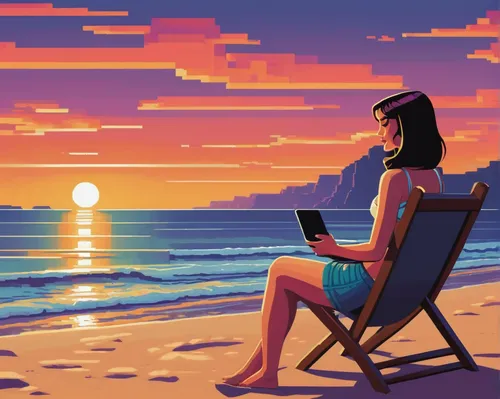 digital nomads,remote work,summer evening,summer background,dream beach,beach background,summer icons,sci fiction illustration,girl at the computer,world digital painting,freelancer,dusk background,freelance,sunset,relaxing reading,idyllic,girl studying,computer addiction,sunset glow,honolulu,Illustration,American Style,American Style 05