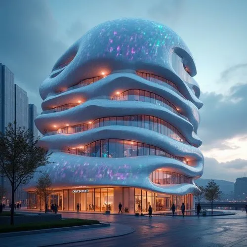 Curved futuristic facade, iridescent glass panels, parametric architecture, cantilevered balconies, LED light installations, dynamic shapes, minimalist lines, urban cityscape, evening ambient lighting