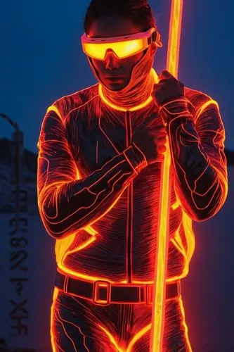 Color the drawing in post-apocalyptic, cyberpunk, vaporwave style,a man with glowing glasses holding onto a pole,garrison,syglowski,blacklight,vigilante,vigil,ump,Photography,Documentary Photography,D