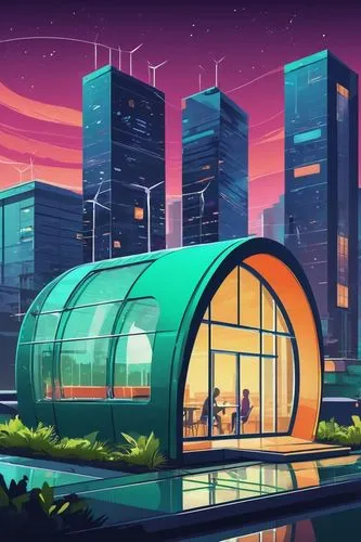 electrohome,cybertown,futuristic landscape,futuristic architecture,cybercity,futuristic,futuristic art museum,greenhouse cover,greenhouse,enernoc,discoideum,smart city,ecotopia,odomes,megacorporations,etfe,cyberport,netzero,jetsons,smart home,Illustration,Vector,Vector 01