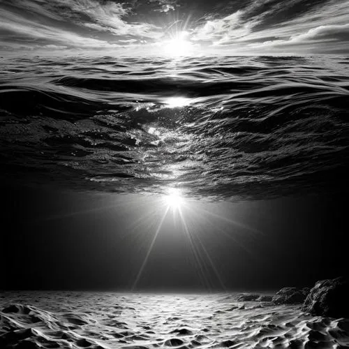 illustration of the ocean floor in black and white
,sun rays,god rays,sun through the clouds,sun reflection,sunrays,sunbeams protruding through clouds,ocean underwater,ripples,sun in the clouds,sun ra