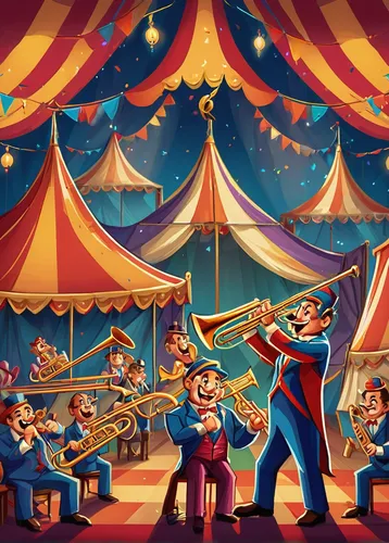 Compose a whimsical scene of a trombone concert in a circus tent.,circus tent,big band,brass band,circus show,trombone concert,circus,circus wagons,musicians,musical ensemble,oktoberfest background,or