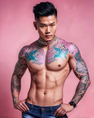 a man with tattoos on his chest and chest, digital art, inspired by David Diao, pink body harness, glowing details!, glamourous cosplay, thailand, handsome prince, colorized, pose 4 of 1 6, glistening