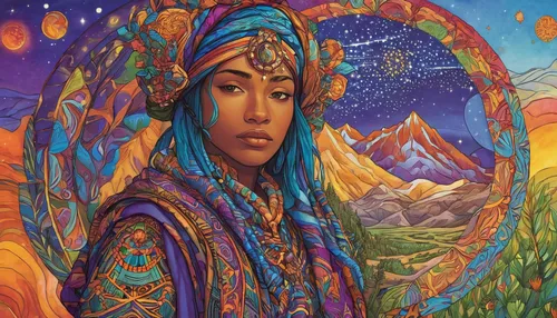 indian woman,shamanism,pachamama,mother earth,african woman,shamanic,radha,peruvian women,gypsy soul,boho art,argan,global oneness,indigenous painting,yogananda,sacred art,mural,persian poet,kundalini,african american woman,anahata,Illustration,Realistic Fantasy,Realistic Fantasy 41