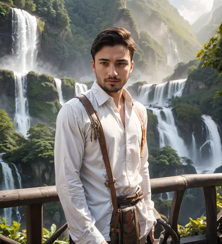 a man stands in front of the waterfall,westwick,araullo,aamir,mustafayev,cengiz,mehdi