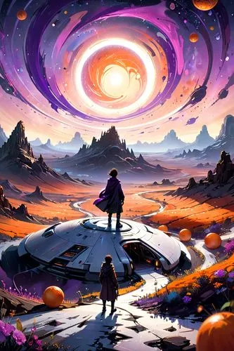 cosmos,vast,world digital painting,travelers,cosmos field,space art,purple landscape,universe,alien planet,the universe,alien world,planets,astronomical,galaxy,supernova,planet alien sky,planet,futuristic landscape,galaxy collision,flow of time,Anime,Anime,Cartoon