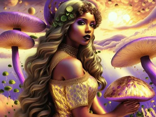 nude Beautiful nigerian girl, full dark curly hair, big green almond eyes, full black lips, misty sky,a beautiful fairy with mushrooms in her hands,agaric,mushroom landscape,conocybe,agarics,amanita,f