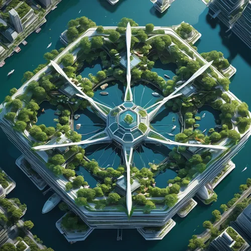 artificial island,the center of symmetry,hub,artificial islands,metropolis,hexagon,circular star shield,highway roundabout,futuristic architecture,apiarium,diamond lagoon,hex,roundabout,symmetrical,helipad,cog,euclid,ancient city,kaleidoscope,uninhabited island,Conceptual Art,Sci-Fi,Sci-Fi 05