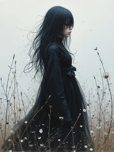 kayako,black coat,isoline,gothic woman,little girl in wind,leaden,Photography,General,Realistic