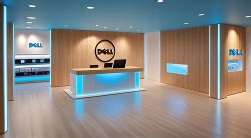 Dell electronics store, the floor is made of light-colored wood, the walls and ceiling are white, an exhibition table with a laptop is placed in the center in front of the counter, and the Dell logo i