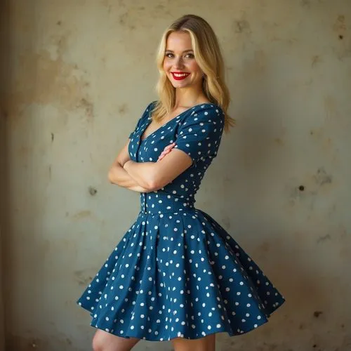 35 jährige sexy Frau ,  mittel blondes glattes haar ,roter lippenstift,  blaues Rockabilly Kleid ausladendes buschiges

Petticoat  Vinatge-Stil der 1940er und 1950er Jahre mit weißen 
punkten
,there i