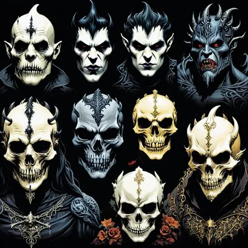 skulls,day of the dead icons,halloween masks,malekith,horde,skulls bones,Illustration,Realistic Fantasy,Realistic Fantasy 46