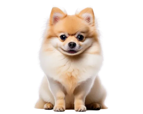 Pomeranian dog, fluffy white fur, cute face, small nose, black eyes, floppy ears, curly tail, sitting, front view, soft focus, warm light, pastel color tone, shallow depth of field, 3/4 composition.,p