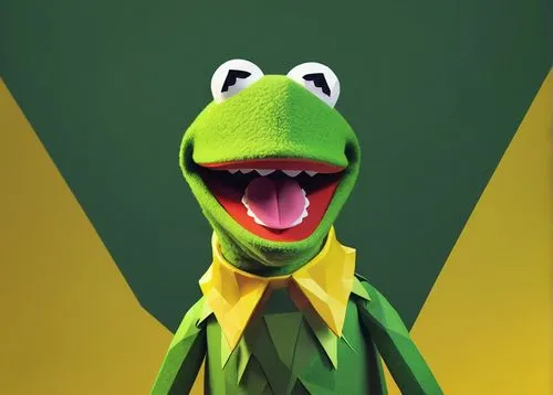 Kermit, Muppet character, screaming, open mouth, sharp teeth, green skin, bulging eyes, wild hair, yellow collar, felt texture, bright lighting, close-up shot, facial expression, emotional outburst, c