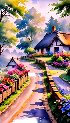 cartoon video game background,landscape background,springtime background,home landscape,korean folk village,spring background,watercolor background,japanese sakura background,aurora village,japan landscape,cottages,sakura background,children's background,flower painting,mountain village,background design,village scene,rural landscape,countryside,toonerville,Illustration,Black and White,Black and White 05