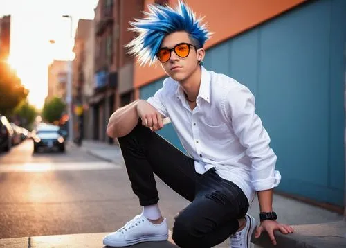 tracer,2d,anime boy,blue hair,sonic the hedgehog,punk,ninja,stylish boy,mohawk,son goku,goku,trunks,cosplay image,sakana,blue shoes,noodle image,mini e,stylish,jin deui,ryan navion,Illustration,American Style,American Style 01