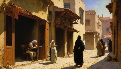 street scene,narrow street,souk,medina,pilgrims,medieval street,souq,woman praying,merchant,middle eastern monk,praying woman,village scene,damascus,riad,old city,carmelite order,nizwa souq,dervishes,jaffa,italian painter,Art,Classical Oil Painting,Classical Oil Painting 42