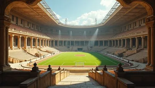 Ancient Roman-inspired sports stadium, grandiose arches, ornate columns, rustic stone walls, vibrant green turf, athletic tracks, soccer goals, tennis courts, basketball hoops, spectator seating, tier