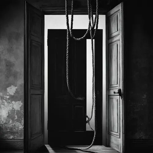 حبل مشنقة فى غرفة مظلمة وباب مفتوح,hanged,nooses,key rope,noose,condemned,ensnares,restraints,hanging rope,telephone hanging,shackles,unshackle,hung up,hangmen,gallows,restrained,padlocked,imprisonmen