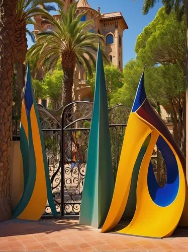 Gaudi-inspired Spanish architecture, grand entrance, ornate iron gates, intricate stone carvings, colorful mosaic tiles, curved lines, Gothic style, majestic cathedral, Barcelona streets, sunny aftern