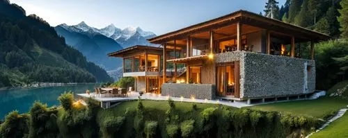 the house is situated on top of a hill overlooking a mountain,house with lake,house in mountains,house in the mountains,chalet,house by the water,luxury property,Photography,General,Realistic