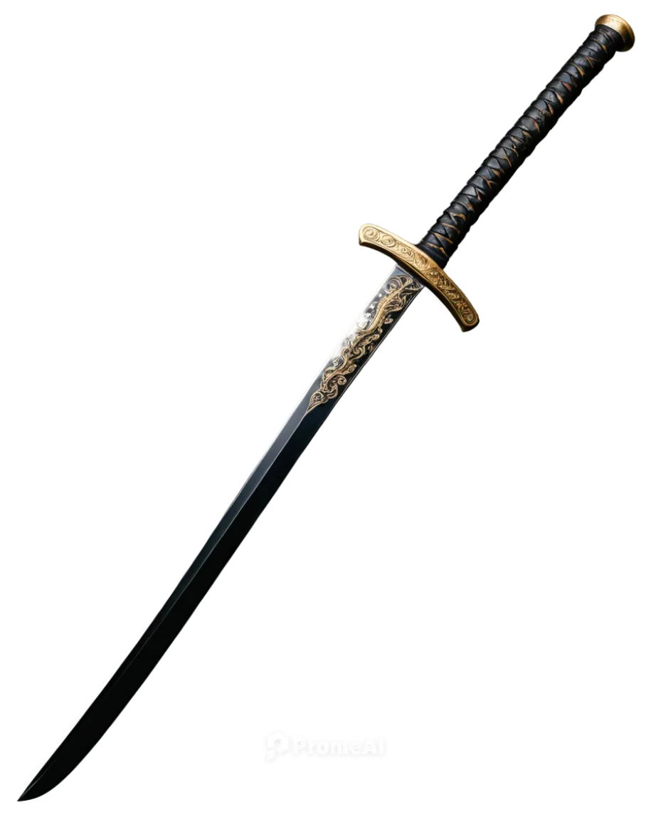 Japanese katana, curved single-edged sword, worn on back, traditional samurai scabbard, intricate metalwork, golden accents, black lacquer finish, ornate tsuba, wrapped handle, battle-worn, detailed m