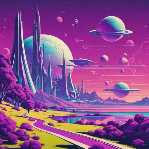 futuristic landscape,alien planet,alien world,gas planet,vast,scifi,futuristic,planet,sci - fi,sci-fi,space port,utopian,space art,horizon,planet alien sky,purple landscape,valerian,80's design,sci fi,retro background,Conceptual Art,Sci-Fi,Sci-Fi 29