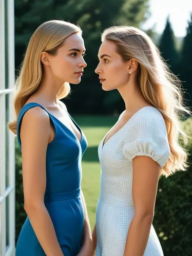 two women, at a suitable distance from each other,two beautiful women posing for a picture in blue dresses,olsens,vanity fair,maxmara,dior,tahiliani,zella