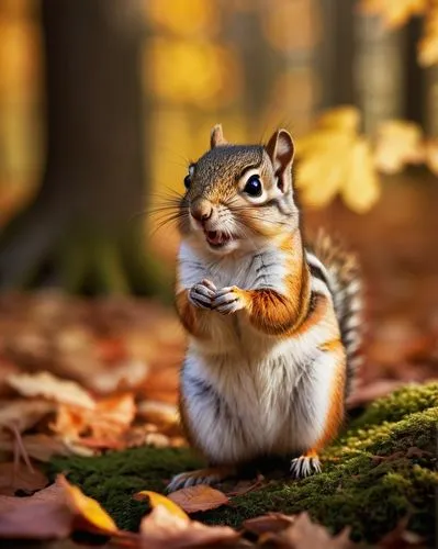 Cute chipmunk squirrel hybrid, fluffy fur, brown and white stripes, big round eyes, twitching whiskers, pink nose, bushy tail, standing on hind legs, holding acorn, forest floor, autumn leaves, sunlig