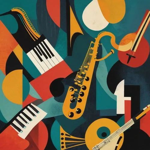 abstract style, saxophone, guitar, drums, piano, congas,musical instruments,music instruments,jazz,instrument music,instruments,instruments musical,musicians,musical instrument,string instruments,wind