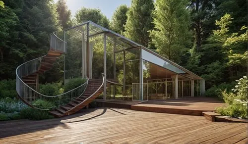 a house with stairs in a wooded area,garden design sydney,landscape design sydney,outside staircase,forest house,glasshouse,greenhouse,Photography,General,Realistic