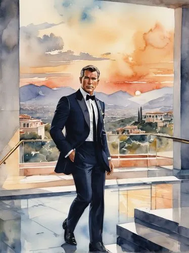 James Bond, Pierce Brosnan, mature man, 40s, suit, tie, black hair, stubble, confident pose, standing, luxurious villa, modern architecture, glass walls, steel frames, minimalist interior, marble floo