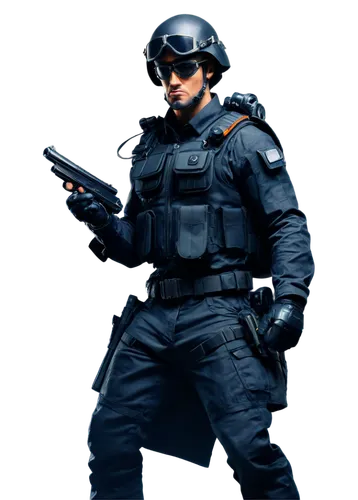 Action figure, male, muscular, intense facial expression, black tactical helmet, goggles, camouflage clothing, bulletproof vest, black gloves, holding gun, smoke effects, dynamic pose, low-angle shot,