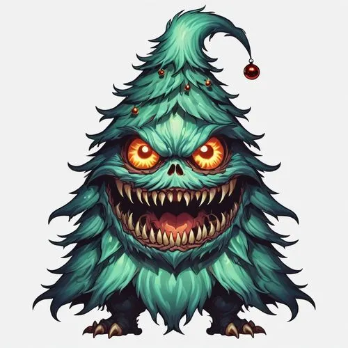 2d front sprite of a dark colored spooky evil christmas tree monster, transparent background,a large green monster with big eyes and a hairy grine,christmas imp,christmas pine,gruenbaum,tannenbaum,pin