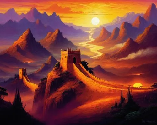 sunset at africa,this is an image of a painting of a sunset,fantasy landscape,fantasy picture,mountainous landscape,great wall,dragon bridge,mountain landscape,Illustration,Realistic Fantasy,Realistic