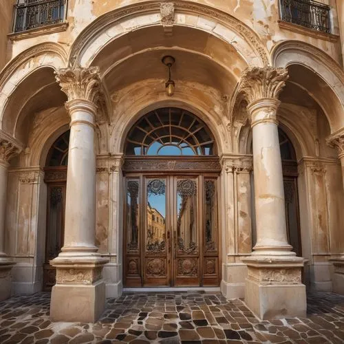 Repeating arches, ancient Roman-inspired architecture, grandiose entrance, ornate columns, symmetrical facade, beige stone walls, intricately carved details, rounded domes, soft afternoon sunlight, wa