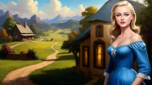 Romantic masterpiece oil painting, beautiful curvy busty woman portrait, silk midwife dress, standing, nostalgic 1950's style kitsch, breathtaking beautiful epic vast American Midwestern landscape, li