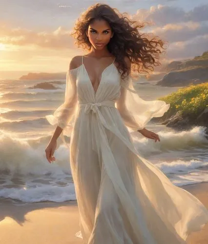 As the sun begins to dip below the horizon, a young girl with long, curly brown hair and a flowing gown gracefully bobs across the sand, her gaze cast long shadows across the tranquil scene. As the su