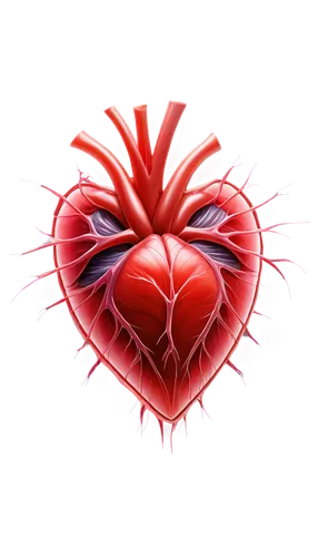 Diagram of fish heart, anatomical illustration, detailed structure, ventral view, atrium, ventricle, bulbus arteriosus, sinus venosus, cardiac muscle tissue, blood vessels, valves, transparent backgro