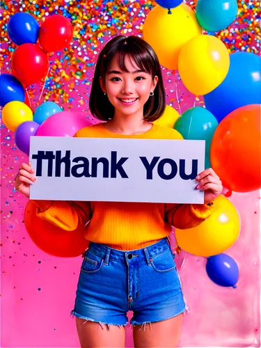 Hand holding sign, "Thank You", bold font, colorful background, confetti, balloons, smiling face, casual outfit, relaxed pose, soft focus, warm lighting, shallow depth of field, vivid color tone, 3/4 