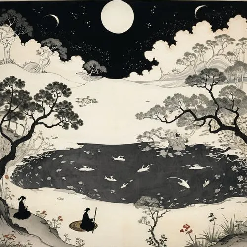 ukiyoe,ugetsu,japanese art,oriental painting,cool woodblock images,zazen,shunju,dogen,huijin,wenzhao,utagawa,yi sun sin,hanussen,guqin,yonghao,chuseok,yanzhao,tokaido,yiping,mid-autumn festival,Illustration,Black and White,Black and White 24