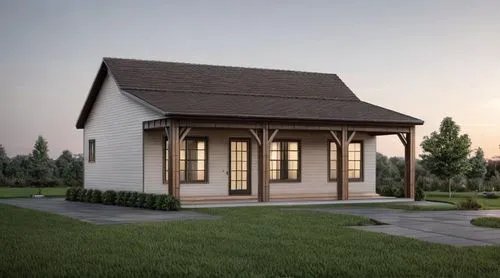 Trees behind House and a road in front of the house. There are chairs inside the house. Grass garden, realistic photo, USA FARMHOUSE . An evening. Ranch-style house.American Craftsman.American house s