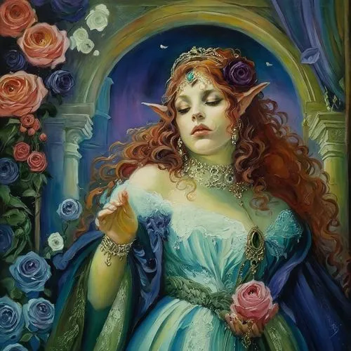 a painting of a woman in an elegant blue dress holding a flower,rosa 'the fairy,ophelia,frigga,persephone,melusine,rosaline,Illustration,Realistic Fantasy,Realistic Fantasy 30