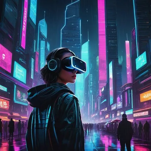 cyberpunk,futuristic,cyber glasses,dystopian,dystopia,vr,oculus,futuristic landscape,virtual world,cyber,cityscape,matrix,virtual,vr headset,pedestrian,metropolis,modern,sci fiction illustration,digital nomads,scifi,Illustration,Abstract Fantasy,Abstract Fantasy 02