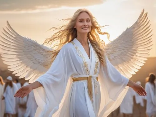 Seraph, wings unfolded, pure white feathers, gentle smile, bright blue eyes, long golden hair, elegant slender fingers, white robe with intricate designs, sacred aura, subtle glow, standing on a cloud