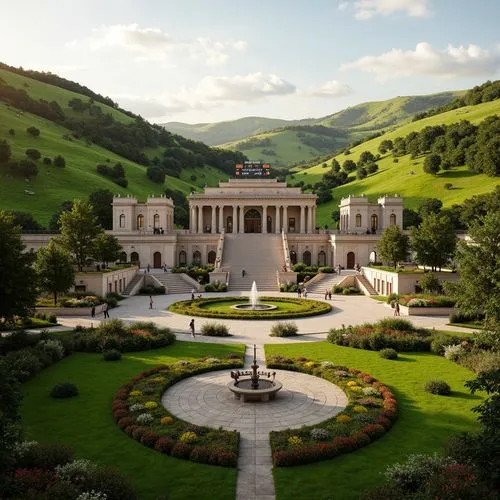 Rolling hills, lush green grass, serene natural scenery, classic Greek columns, ornate stone carvings, symmetrical architecture, grand entrance gates, majestic archways, elegant fountains, vibrant flo