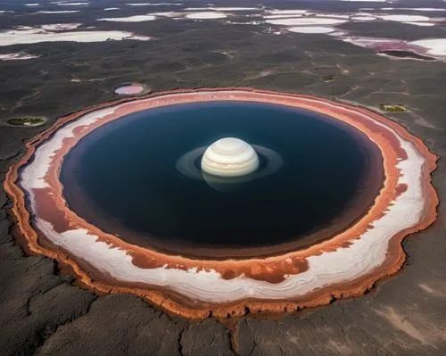 In the distance, a white and white void floats in the midst of a cratered, empty saturn. The water seems to pulse and dance, illuminating the darkness behind it. In the darkness, a small pond reflects