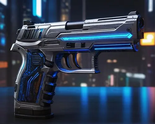 Futuristic sci-fi AI weapon, metallic silver body, glowing blue circuits, intricate mechanical details, holographic display, ergonomic grip, sleek lines, high-tech futuristic design, neon lights, dark