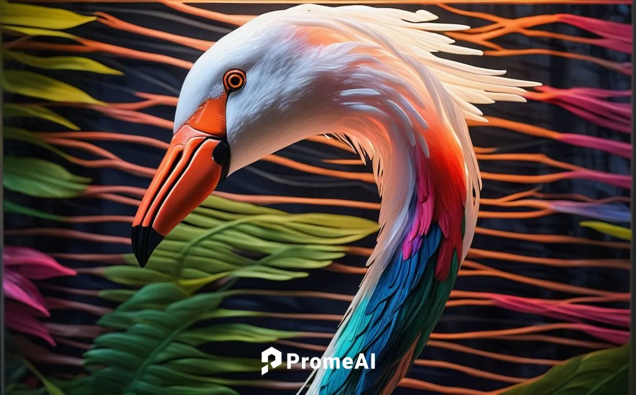 A White flamingo with bright hummingbird feathers,greater flamingo,colorful birds,tropical bird,flamingo,bird painting,cuba flamingos,pelican,dalmatian pelican,tropical birds,great white pelican,white